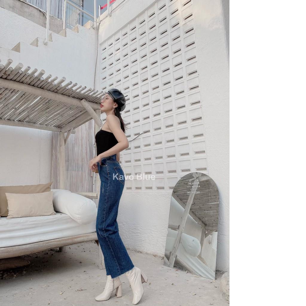 Quần Jean Nữ Cạp Cao Suông Xước KAVO BLUE Siêu Co Giãn 4 Chiều