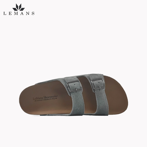 Dép Da Nubuck xám Đế Trấu Quai Ngang LEMANS May Sandals - Grey. Đế 2.5cm Quai điều chỉnh Da bò cao cấp. Bảo hành 6 tháng