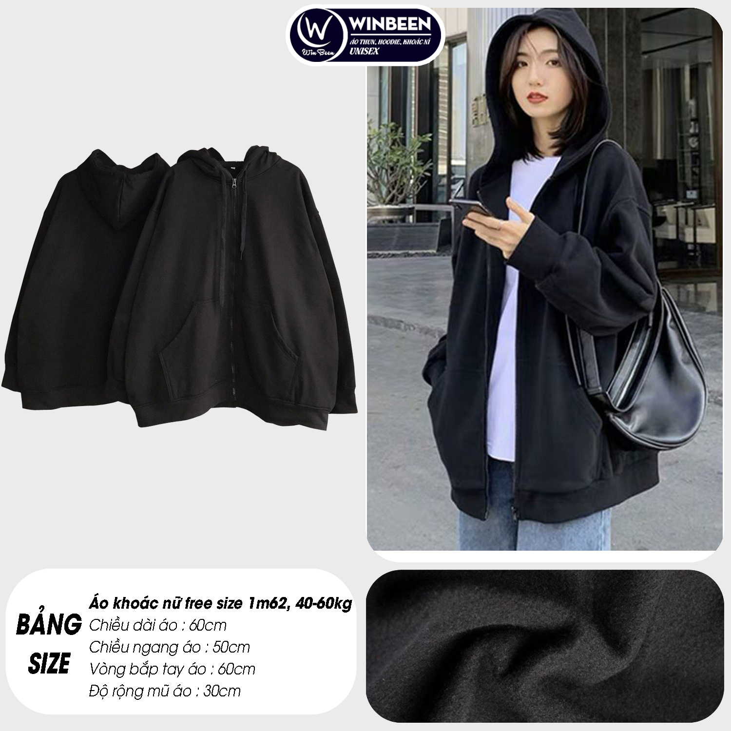 Áo KHOÁC Hoodie TRƠN 4 Màu Nam Nữ Ulzzang Unisex Oversize, Tay Phồng, Mũ 2 lớp dầy WinBeen