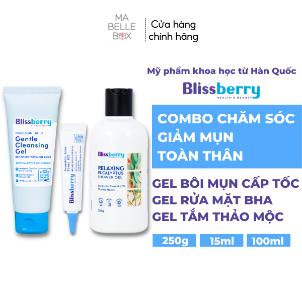 Combo Blissberry Gel giảm mụn mờ thâm 15ml, Sữa rửa mặt BHA 100ml và Sữa tắm Khuynh diệp 250g