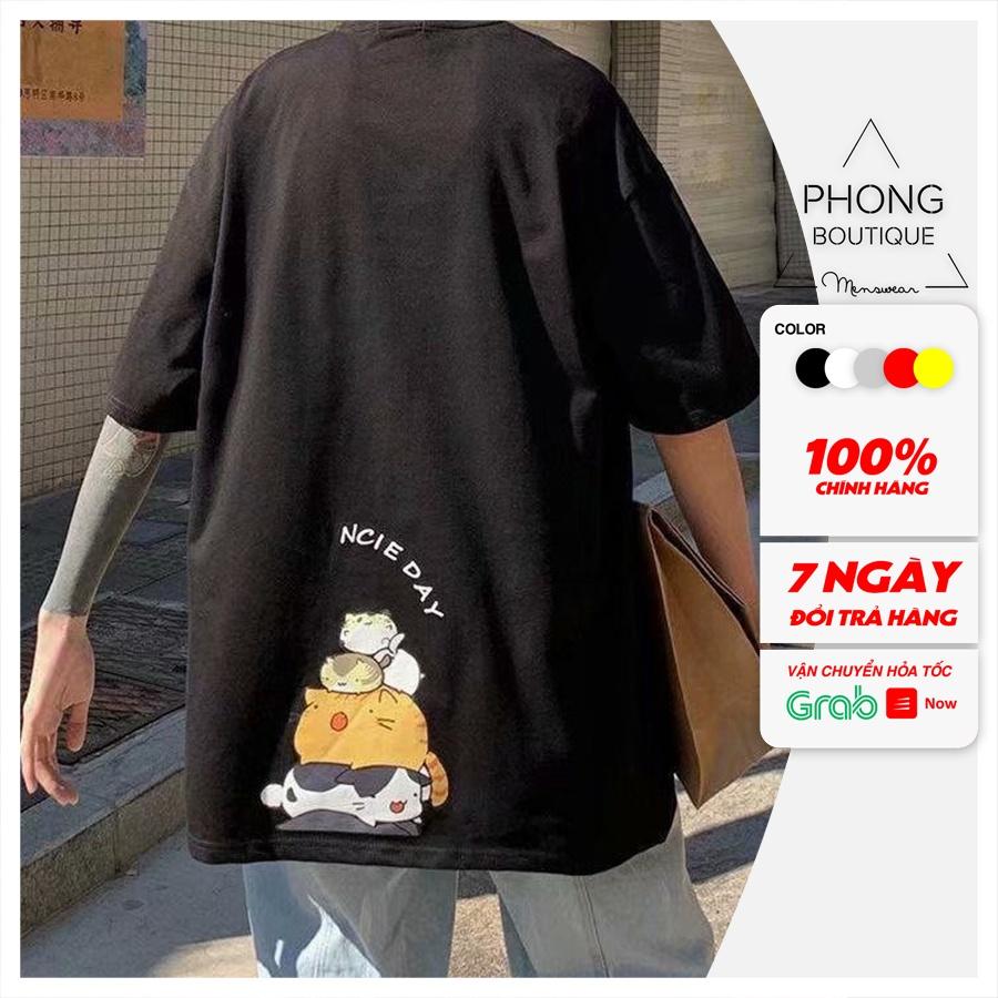 Áo thun Unisex Phong Boutique MÈO NICE DAY phông tay lỡ nam nữ form rộng Oversize 2 màu