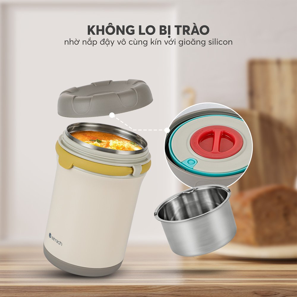 Bình đựng thức ăn giữ nhiệt inox 304 Elmich EL8310 1.2L, Hàng chính hãng, quai xách silicone,nắp có thể tháo rời-JoyMall