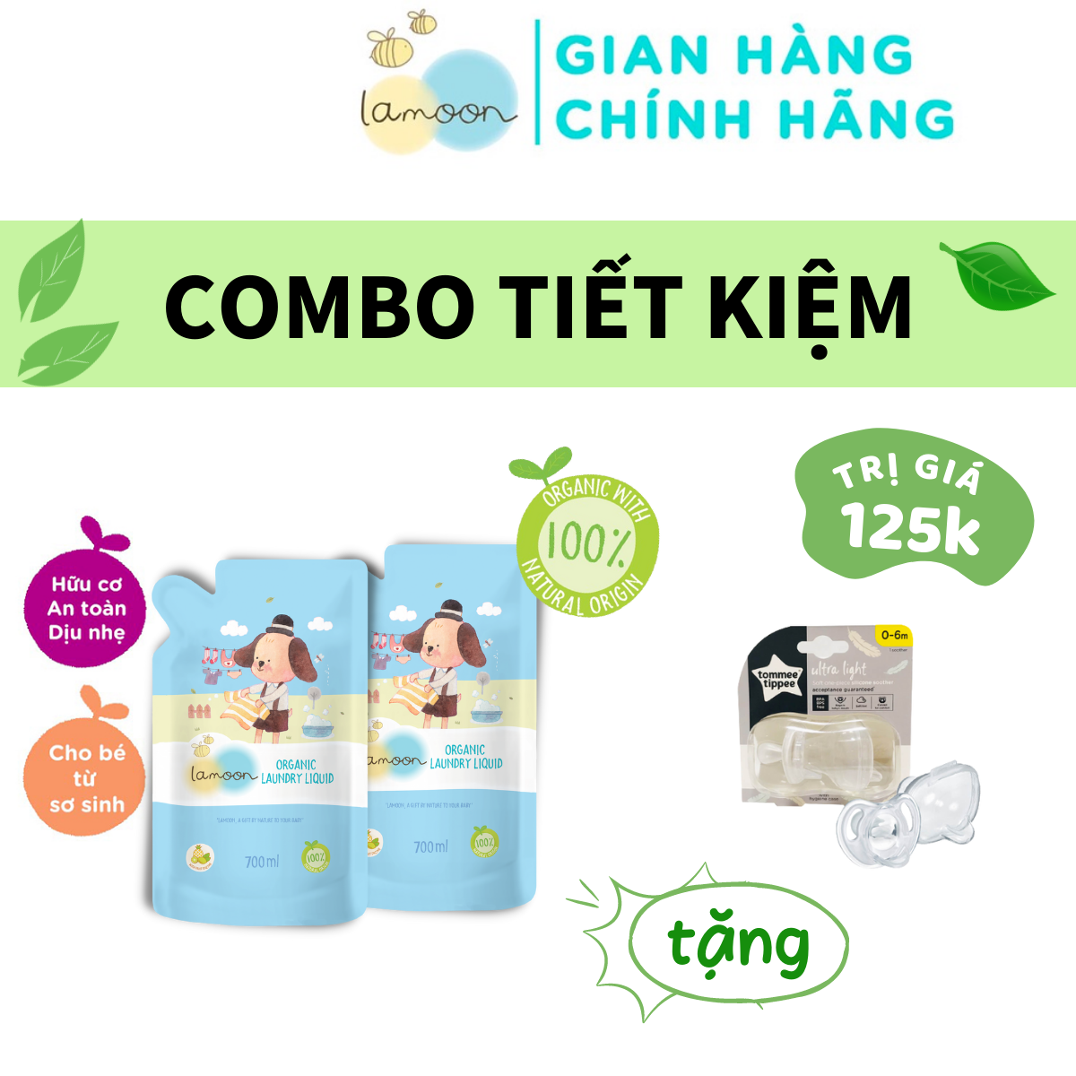 COMBO 2 Túi Nước giặt đồ sơ sinh Organic Lamoon 700ml TẶNG 1 Ty Ngậm Siêu Nhẹ Cho Bé