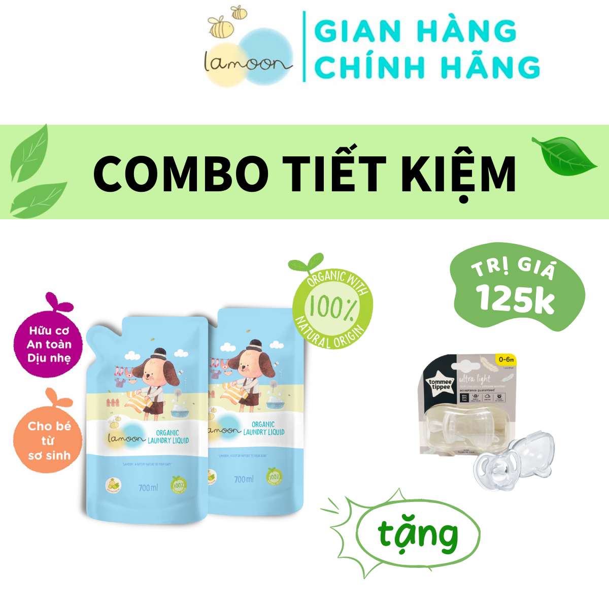 COMBO 2 Túi Nước giặt đồ sơ sinh Organic Lamoon 700ml TẶNG 1 Ty Ngậm Siêu Nhẹ (Vỉ Đơn) Cho Bé