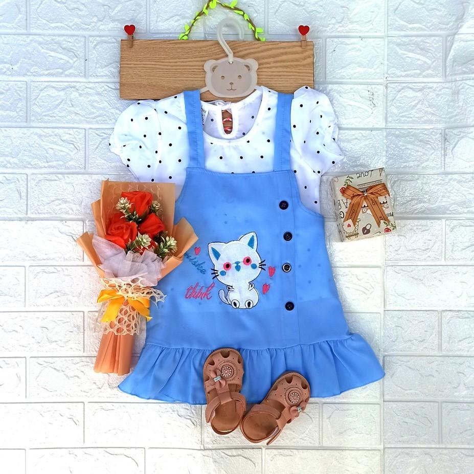 ĐỒ BỘ ĐẦM BÉ GÁI 7-15 kg - Bộ áo voan chấm bi và đầm yếm Mèo Kitty đáng yêu