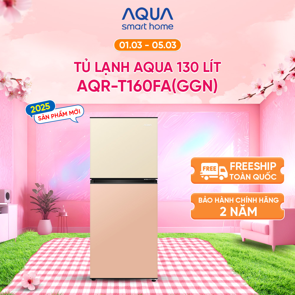 [SẢN PHẨM MỚI 2025] Tủ lạnh AQUA 130 lít ngăn đá trên AQR-T160FA(GGN) - Màu Be hồng - Freeship toàn quốc - Bảo hành 2 năm - Hàng chính hãng