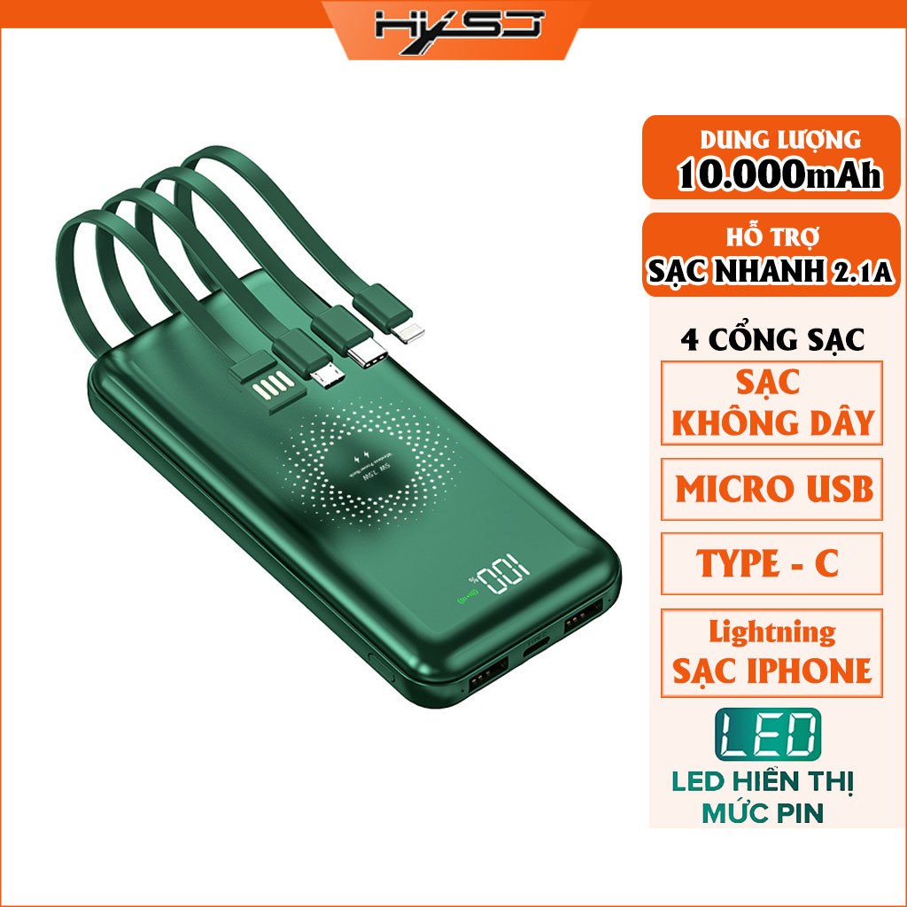 Pin sạc dự phòng Tích hợp sạc không dây HXSJ 10000mAh, Hỗ trợ sạc nhanh cổng usb 2.1A Kèm sẵn 4 đầu sạc cho các dòng điện thoại - Hàng chính hãng