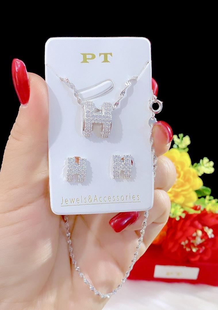 Combo dây chuyền bông tai chữ H mạ bạch kim cao cấp P101