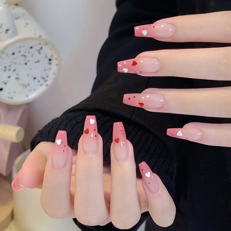 Móng Tay Giả Dáng Dài Họa Tiết Trái Tim, Bộ 24 Móng Siêu Xinh Mã T81