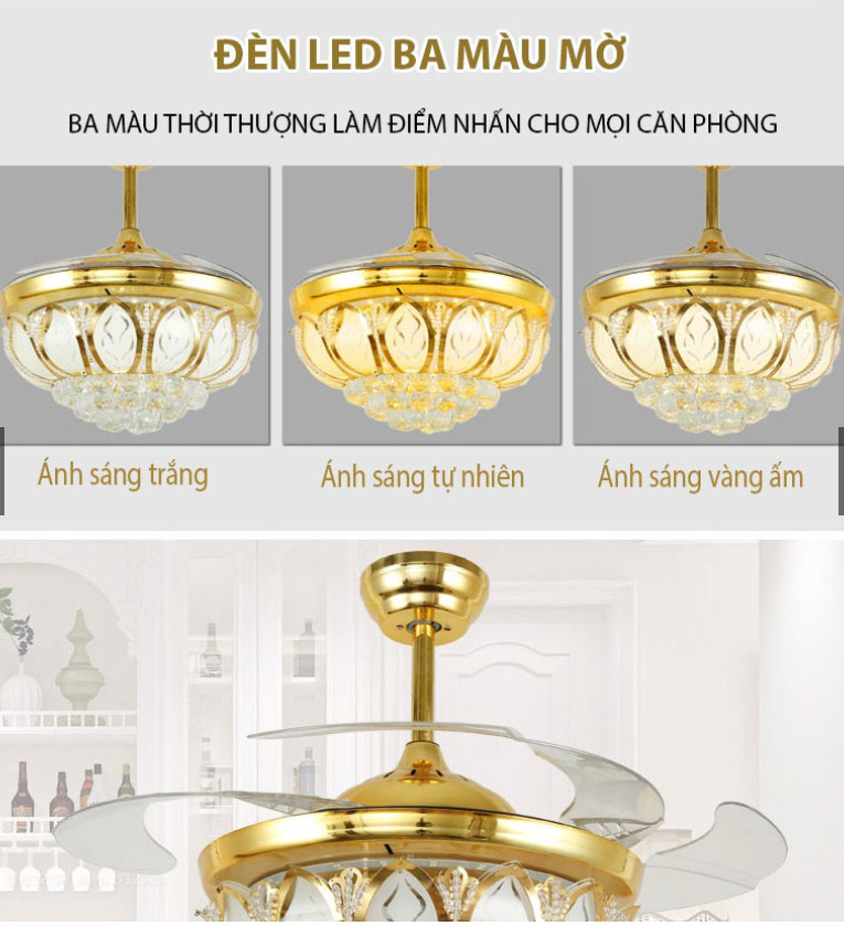 Quạt trần giấu cánh, cánh cụp cánh xòe cap cấp, có đèn trang trí, động cơ DC tiết kiệm điện