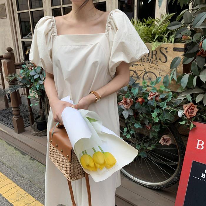 Đầm Midi Thiết kế Cổ vuông Thanh lịch Tay bồng Ngắn tay Form rộng Ulzzang Hàn Quốc Váy Midi dài Tay ngắn Mùa Hè