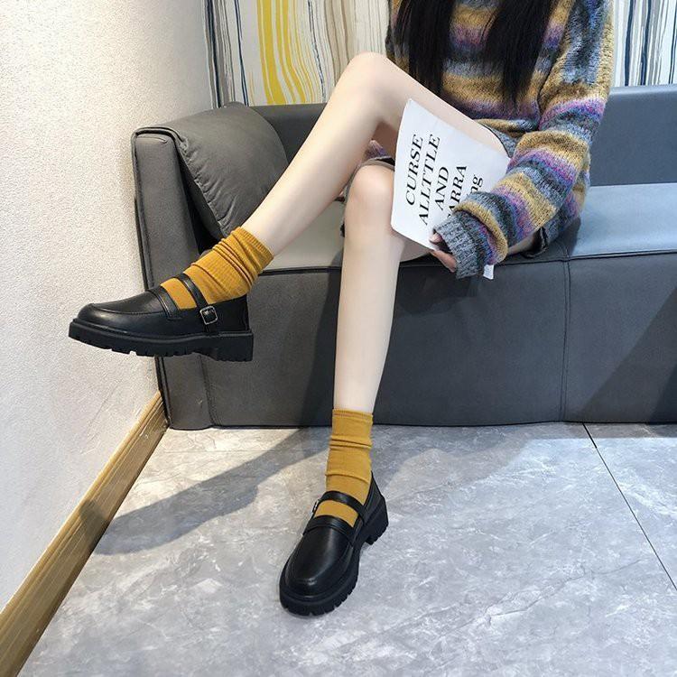 Giày búp bê nữ hàn quốc mũi tròn gót trung có dây khóa