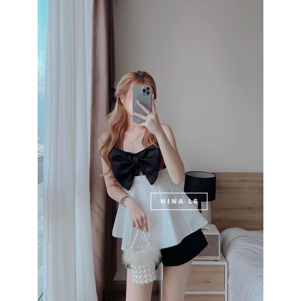 Sét bộ đùi áo 2 dây phối quần ống rộng áo phối nơ bản lớn thích hợp phong cách mùa hè mẫu có 1 màu như hình