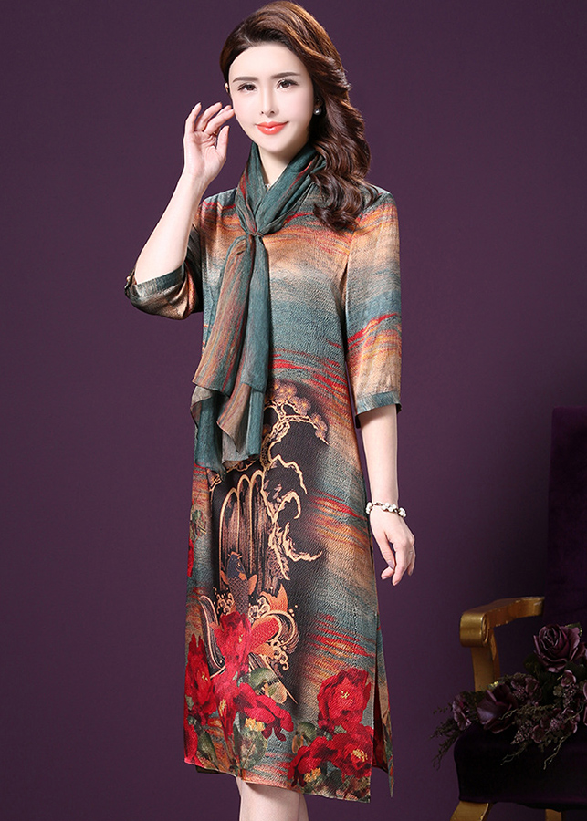 Đầm suông trung niên kiểu đầm suông in họa tiết đẹp phối khăn bigsize GOTI1521295