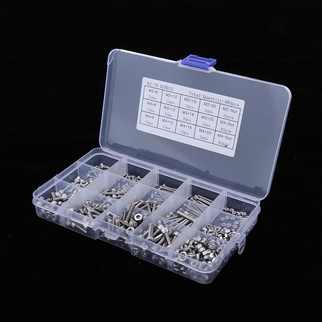 Pack of 480 Hex Screws Nuts Set in 15 Grids Plastic Case Stainless Steel