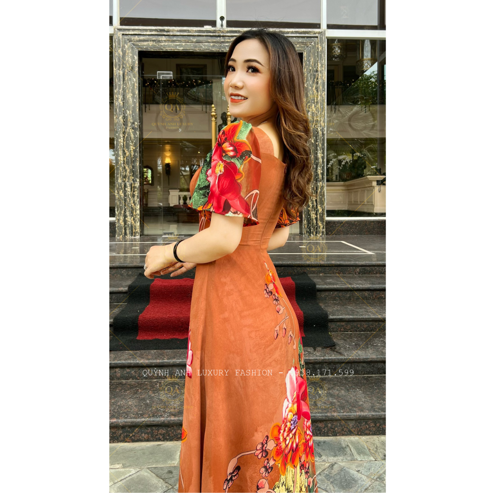 Đầm Xoè Hoa 3D Nâu Cổ Vuông Dập Ly Tay Loe Voan Cao Cấp Sandra Dress