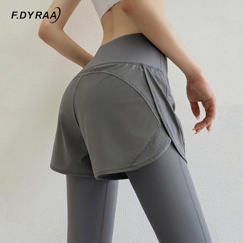 F.Dyraa Phụ nữ Quần Yoga với Pocket Fitness Fake Hai mảnh Đồ đào tạo đồ thể thao Chạy bộ Legging Legging Veo cao Color: black Size: XXL