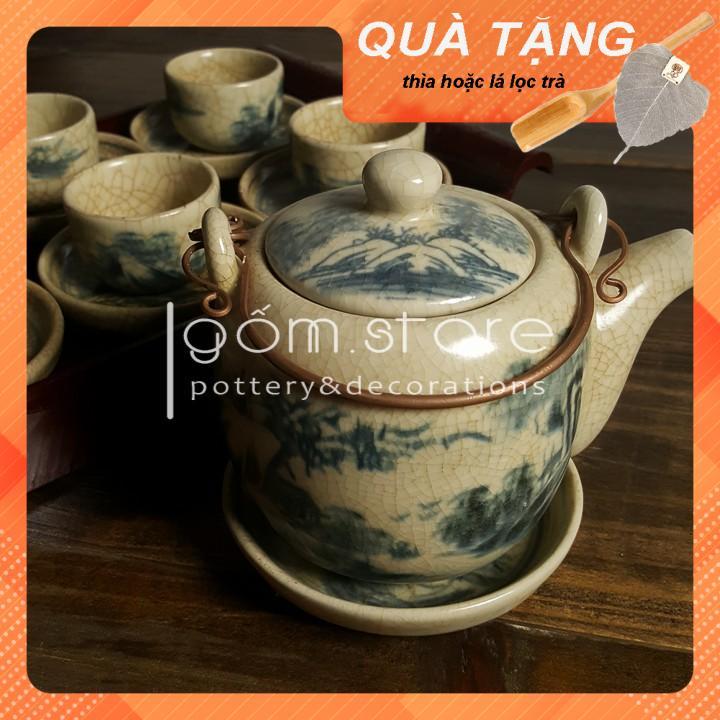 Ấm chén men giả cổ dáng vại vẽ sơn thủy