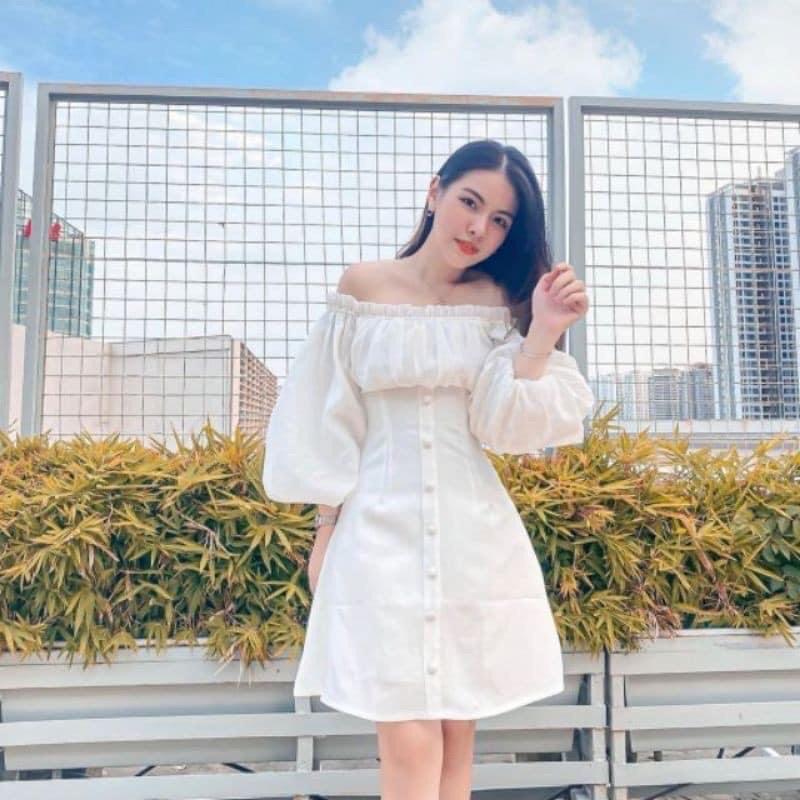 Váy trắng, váy babydoll trễ vai tiểu thư tay bồng hở lưng, mặc đi biển, đi chơi, đầm dự tiệc sang trọng siêu xinh,VAY003