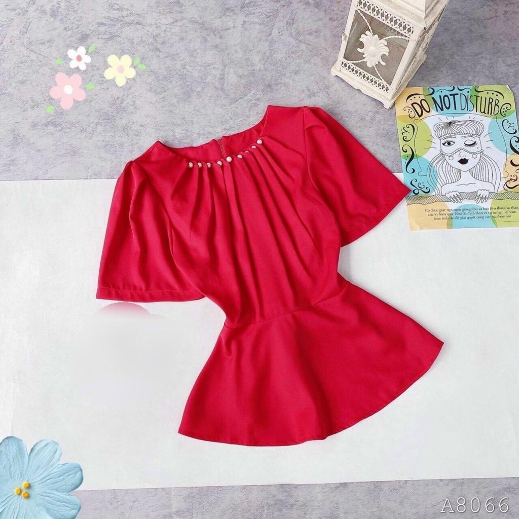 [L2M] Áo sơ mi kiểu nữ peplum CỔ XẾP LY ĐÍNH NGỌC có chun lưng giấu bụng hiệu quả