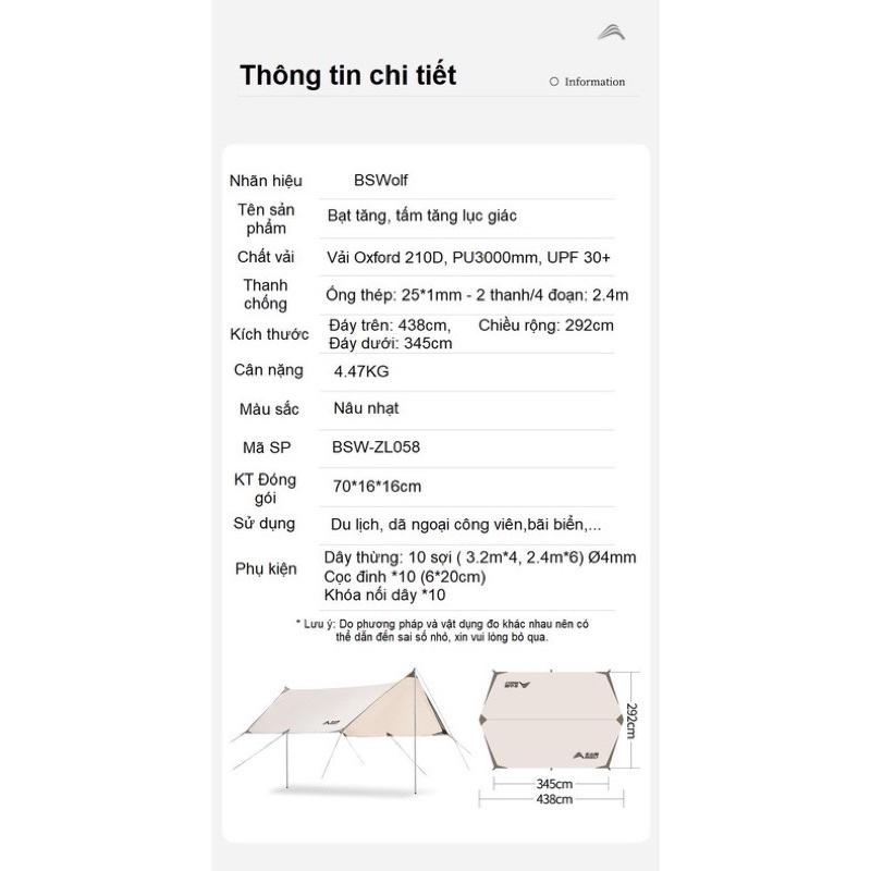 Bạt tăng, tấm tăng lục giác 12m2 BSWOLF- Cắm trại, dã ngoại, phượt cho gia đình, teambuilding 6-8 người.