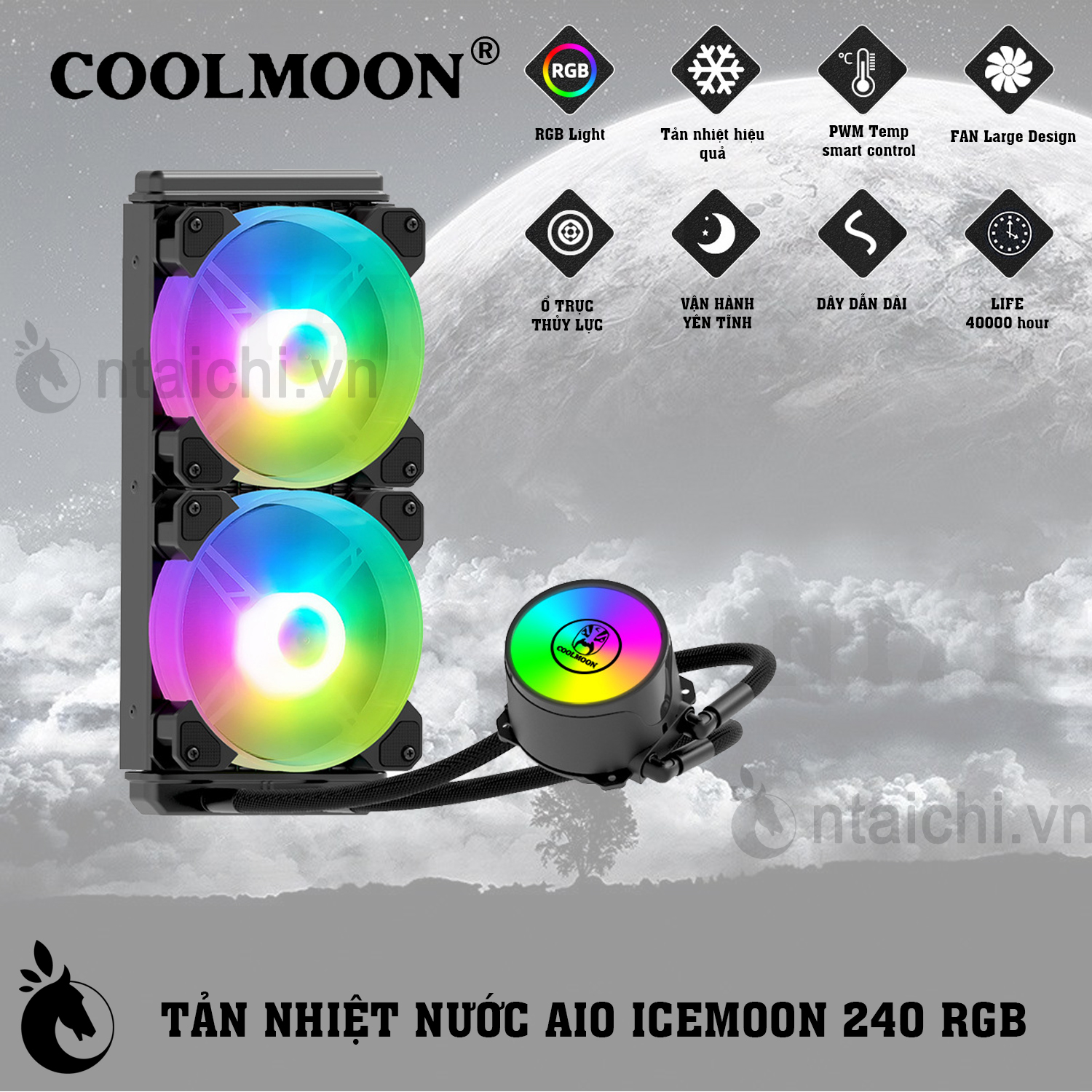 Tản nhiệt nước AIO Coolmoon ICE MOON 240 - 240mm -LED ARGB 5V , Support intel 12th, 13th Gen - Hàng nhập khẩu