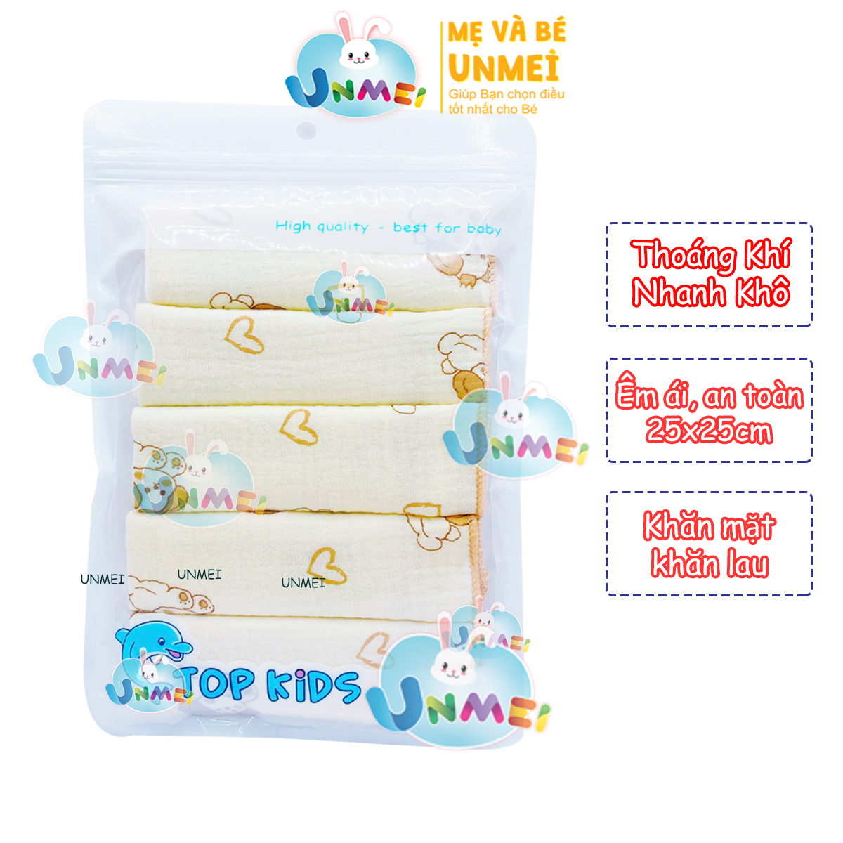 Set 5 Khăn Sữa, Khăn Xô Sữa Muslin TOP KIDS 4 lớp thấm hút,mềm mại dành cho sơ sinh (size 25x25cm)- tại UNMEI