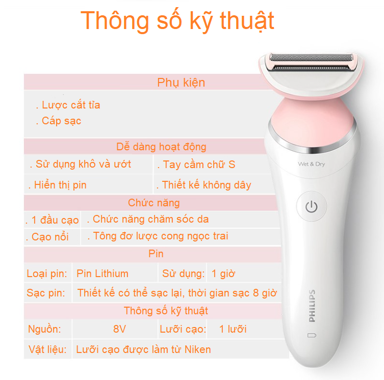 Máy Làm Sạch Lông Khô Và Ướt Dùng Cho Phụ Nữ Thương Hiệu Philips BRL130 và BRL140 - Hàng Nhập Khẩu