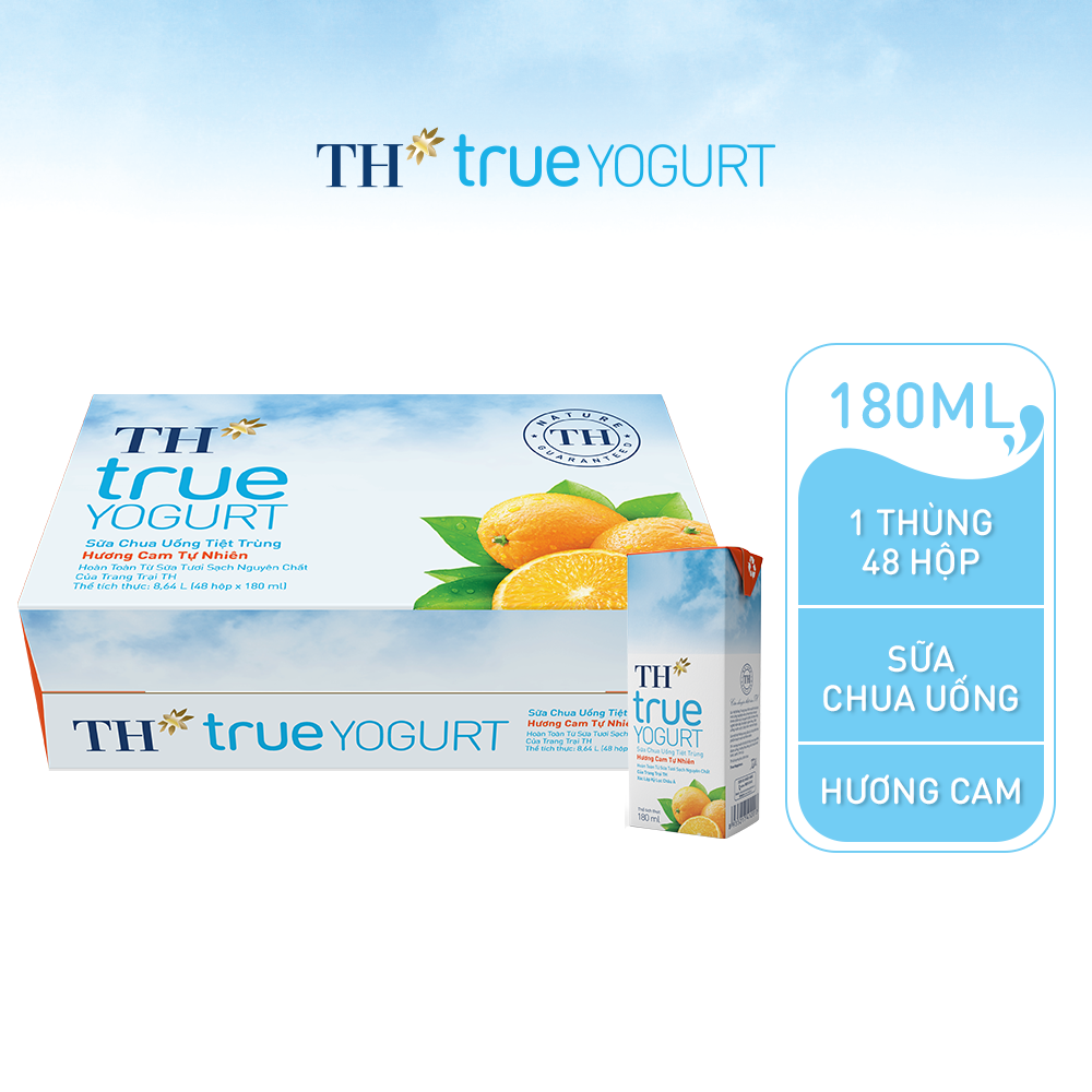 Thùng 48 hộp sữa chua uống tiệt trùng TH true YOGURT hương cam tự nhiên 180 ml (180 ml x 48)