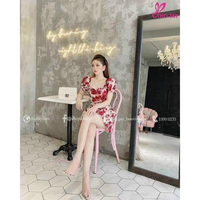 Đầm body hoạ tiết hoa tay phồng có mút ngực xinh lung linh kèm hình thật