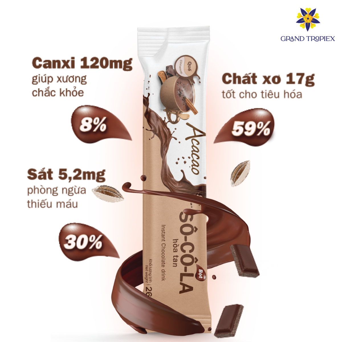 Bột socola Acacao hòa tan uống liền dinh dưỡng, nạp chất dinh dưỡng cần thiết, kháng khuẩn - Hộp 286g