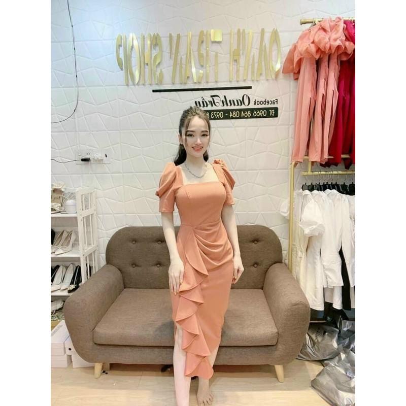 Đầm body tay phồng bèo lai xếp ly eo, cổ vuông cực sang chảnh