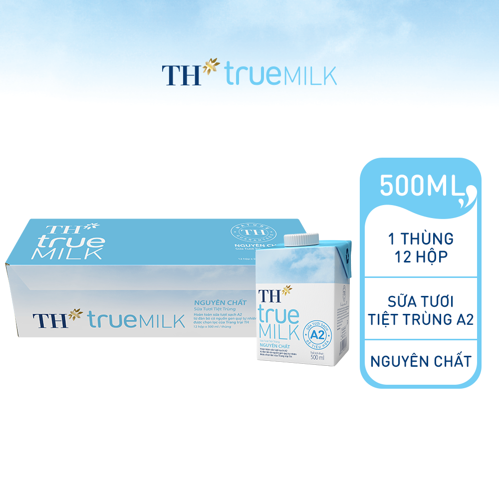 Thùng 12 hộp sữa tươi tiệt trùng nguyên chất TH True Milk A2 500ml (500ml x 12)