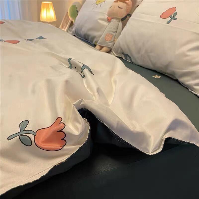 Bộ chăn ga Cotton Poly họa tiết chó đầu trắng - phong cách Hàn Quốc