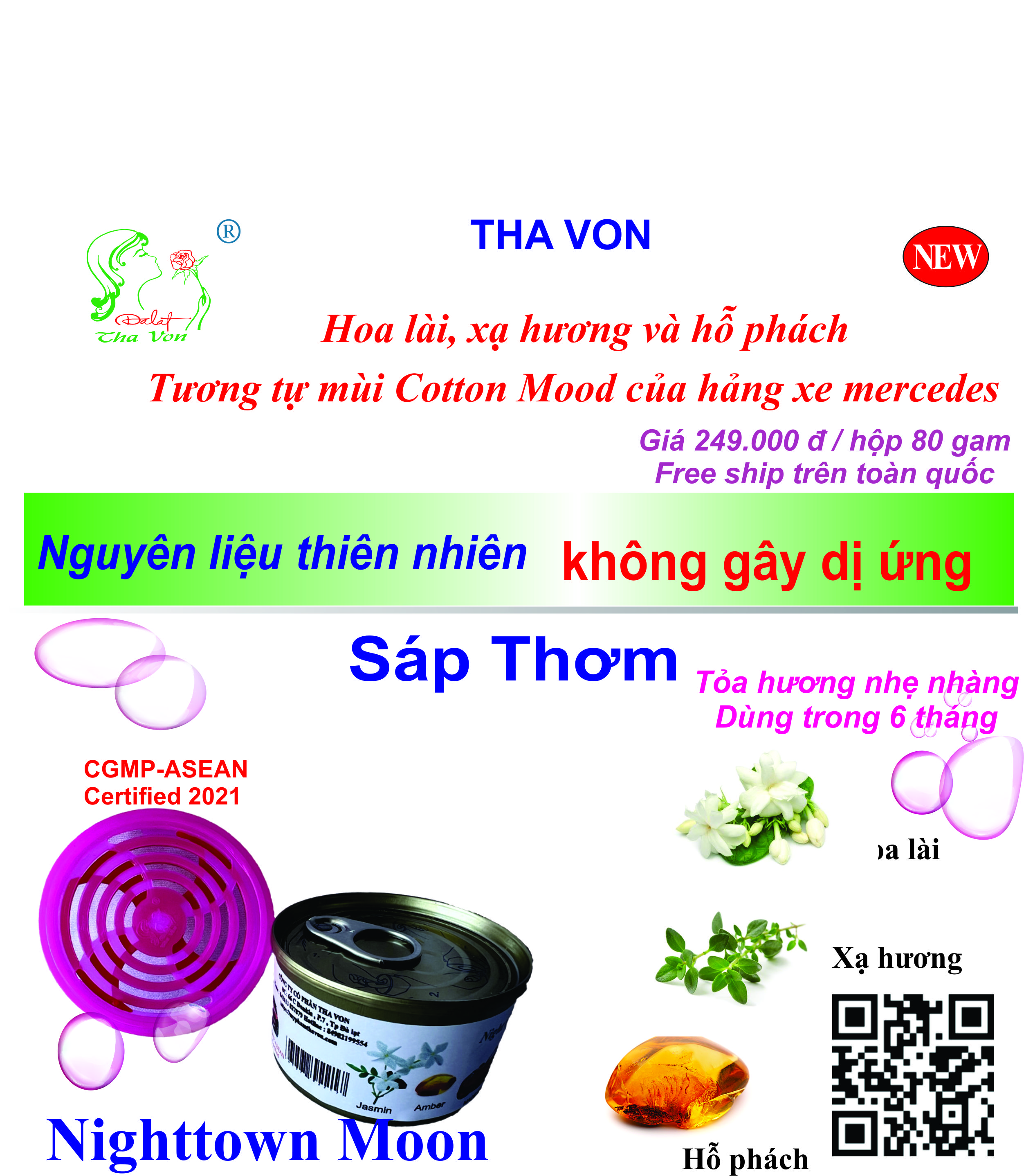 Sáp Thơm Ô Tô Nighttown Moon – Miss Dalat 60 gam Tương tự mùi Cotton Mood của hảng xe Mercedes  Hương thơm tinh khiết và tươi mát của không khí, được làm nổi bật nhờ  hoa nhài . Hương nền : hổ phách và xạ hương