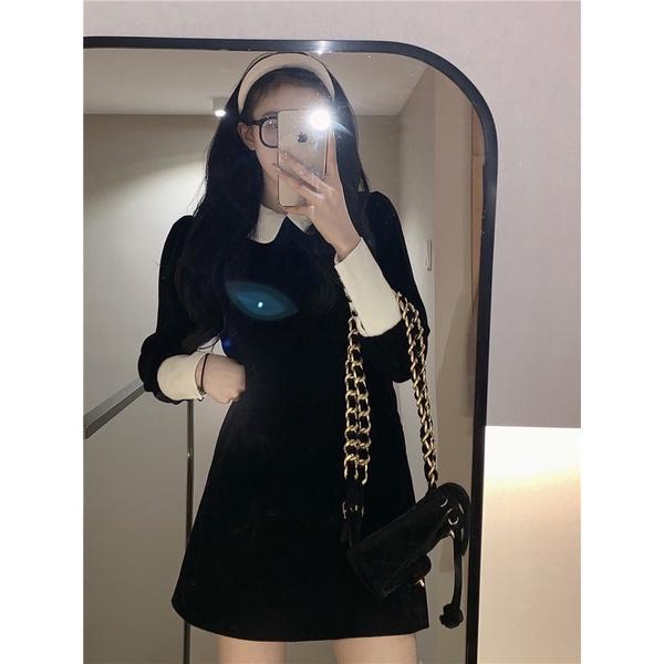 ĐẦM NHUNG ĐEN CỔ SEN TIỂU THƯ