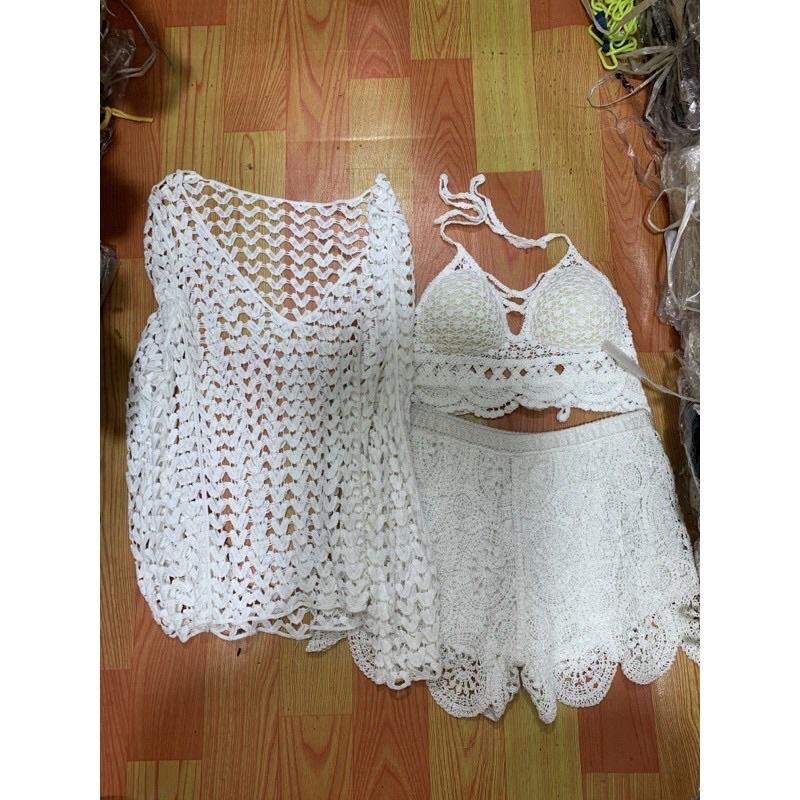 07-Set bộ bikini ren đi biển 3 món bra-áo lưới ngoài-quần sóc
