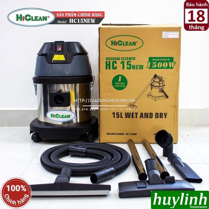 Máy hút bụi công nghiệp khô và ướt Hiclean HC15 New - Dung tích 15 lít - Công suất 1500W - Hàng chính hãng