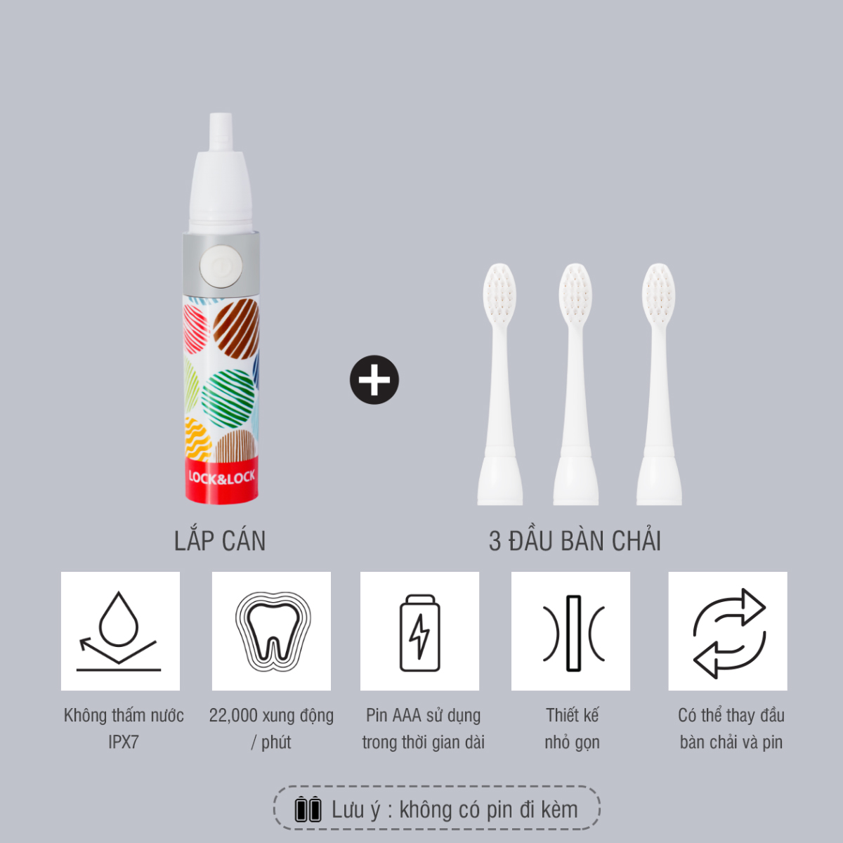 Bàn Chải Đánh Răng Điện Lock&amp;Lock Portable Electric Toothbrush ENR236 Dùng 1 Pin AAA, Không Thấm Nước - Hàng Chính Hãng Tặng Thêm 2 Đầu Bàn Chải Và Combo Ống Hút + Cọ Rửa