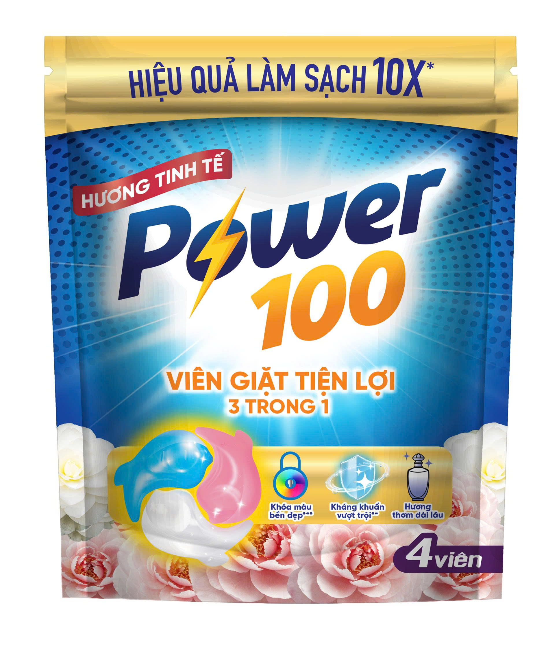 Viên Giặt Tiện Lợi Power100 3in1 Hương Tinh Tế Túi 4 Viên