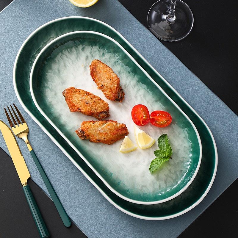 Đĩa sứ đài đựng cá, đĩa oval/bầu dục vân đá chống xước phong cách Bắc Âu - Đĩa Sứ cao cấp không chì