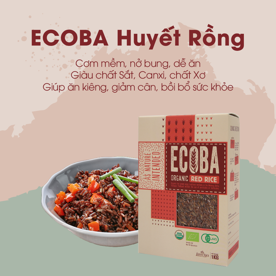 Gạo lứt đỏ hữu cơ cao cấp - ECOBA Huyết Rồng 1kg - Cơm mềm dễ ăn - Gạo lứt ăn kiêng