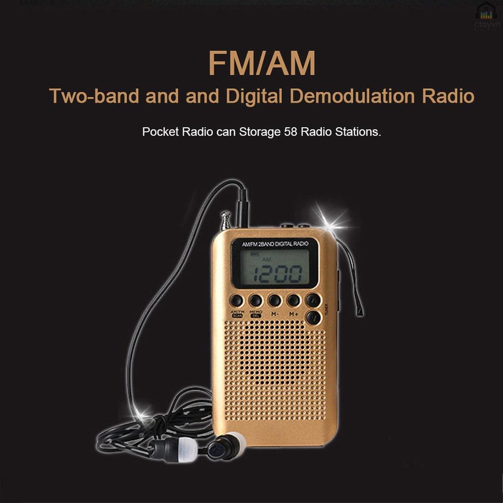 Radio mini cầm tay HRD-104 AM/ FM 2 băng tần màn hình LCD 1.3 inch kèm tai nghe