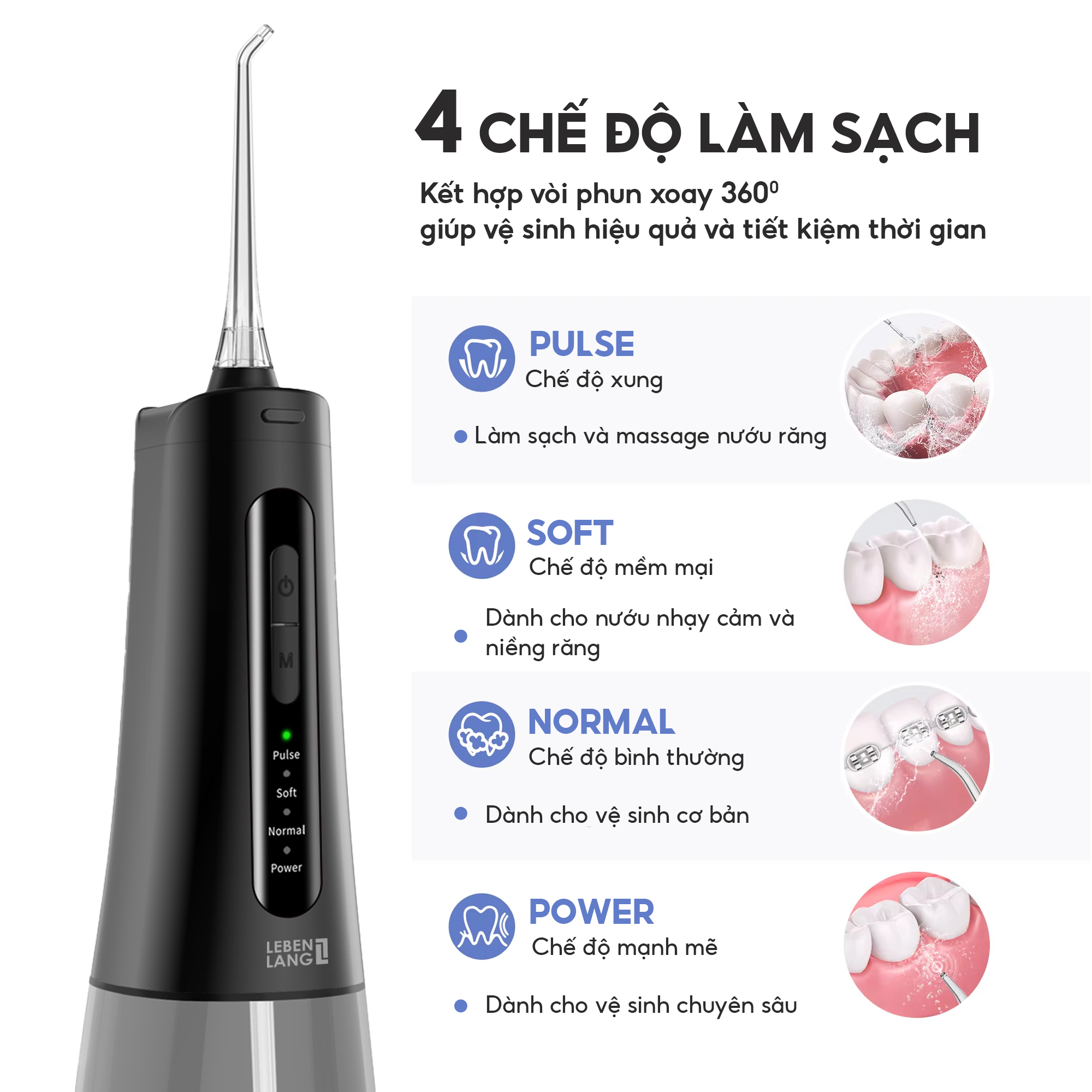 Máy tăm nước Lebenlang cầm tay LBT1499, IPX7 chống thấm nước 2000mah, 300ml, tích hợp pin, bảo hành 2 năm - chính hãng