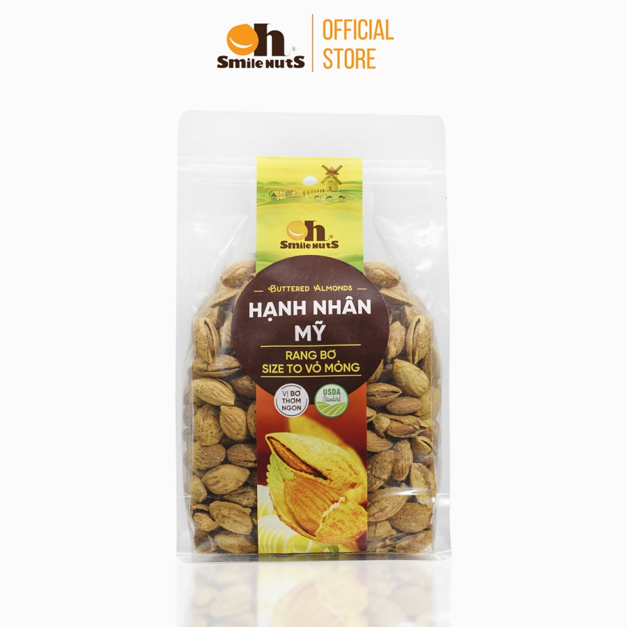 Hạt Hạnh Nhân Mỹ còn vỏ Rang bơ Smilenuts _ Trọng lượng 215g/350g/500g _ Hạnh nhân Mỹ nguyên vỏ size lớn, vỏ mỏng, rang bơ thơm ngọt, béo bùi _ Hạnh nhân Mỹ rang bơ cao cấp theo tiêu chuẩn  Mỹ