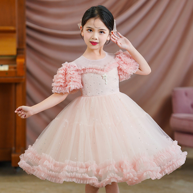 Đầm voan công chúa cho bé gái màu trắng hồng dự tiệc đẹp size 15-35kg hàng Quảng Châu cao cấp