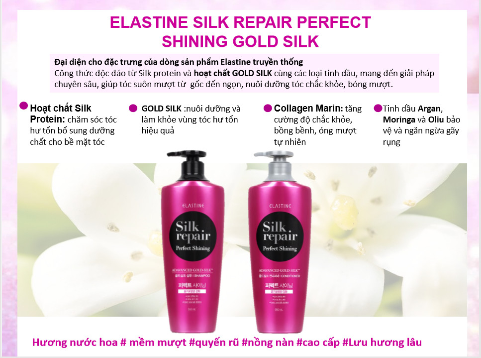 Dầu gội Elastine Silk Repair Gold Silk dưỡng tóc chuyên sâu 550ml