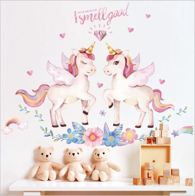 Decal dán tường phòng bé gái dễ thương - decal kỳ lân màu hồng