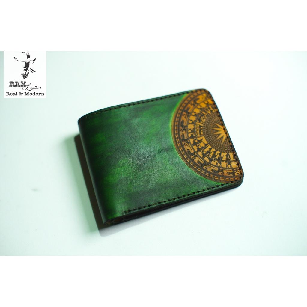 Ví nam trống đồng xanh lá  da bò thảo mộc handmade bền chắc cao cấp dáng ngang - chính hãng RAM Leather