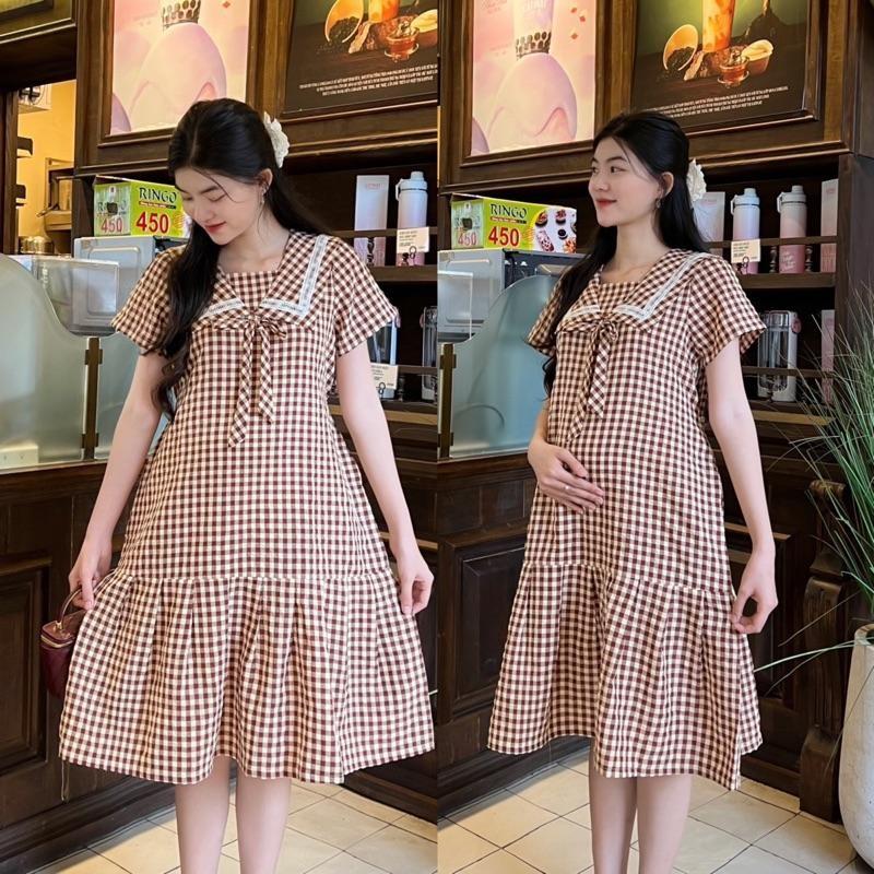 Đầm bầu đuôi cá cổ thuỷ thủ phối viền ren chất Cotton Hàn Váy bầu năng động - Hồng